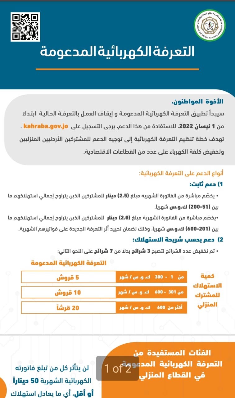 تنظيم الطاقة تعمم منشورا على مشتركي الكهرباء حول التعرفة المدعومة